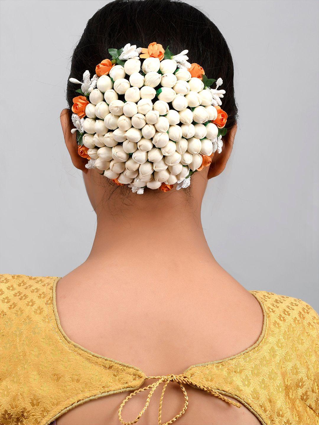 silvermerc-designs-women-white-&-orange-embellished-hair-bun-cover-hair-accessory-set