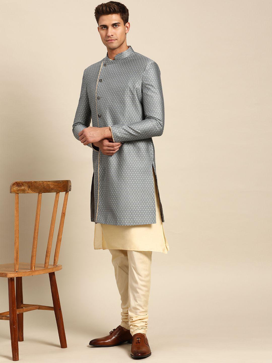 KISAH Men Navy Grey & Cream Woven Design Kurta Sherwani Set
