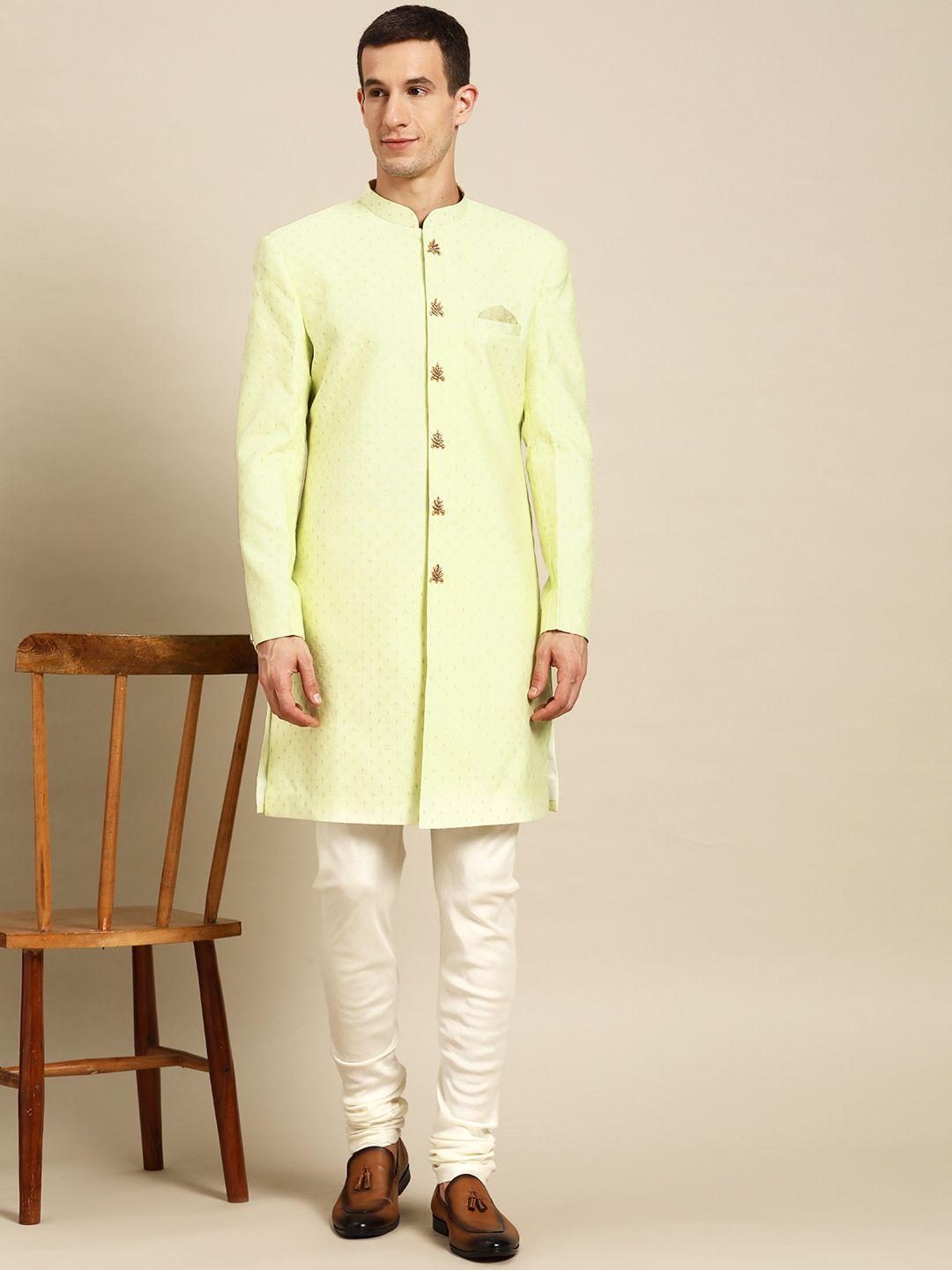 kisah-men-lime-green-&-white-self-design-sherwani-set