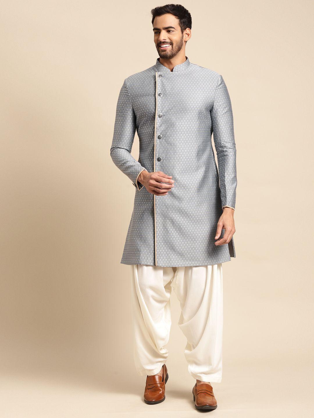 KISAH Men Grey Woven Design Sherwani & Dhoti Pant Set