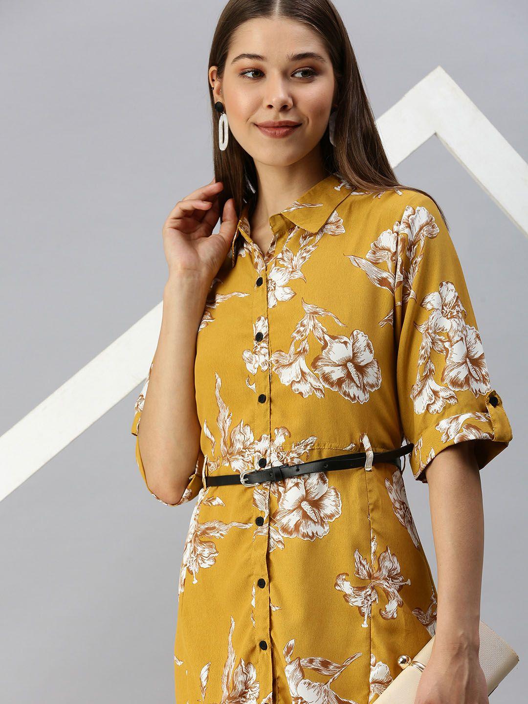 SHOWOFF Mustard Yellow Floral Crepe Shirt Midi Dress
