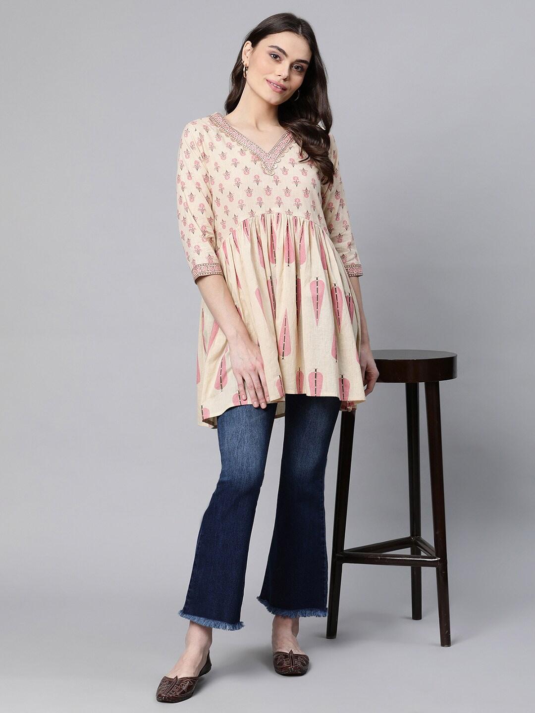 Ahalyaa Beige & Pink Printed Cotton Tunic