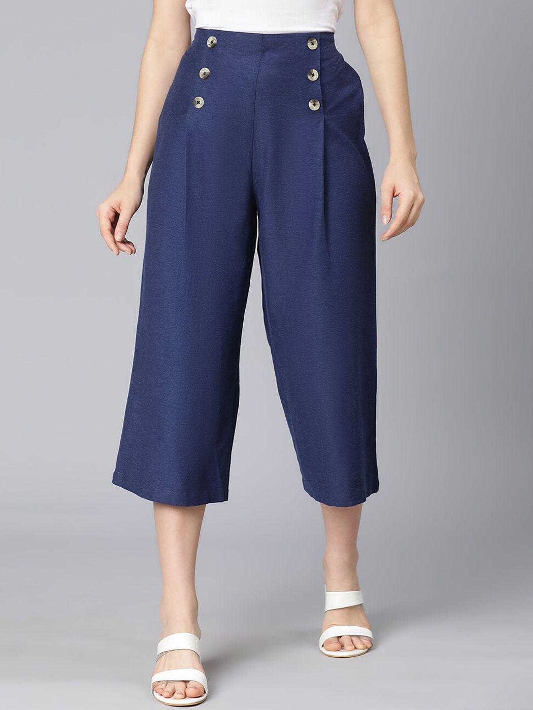Oxolloxo Women Navy Blue Straight Fit Pleated Culottes Trousers