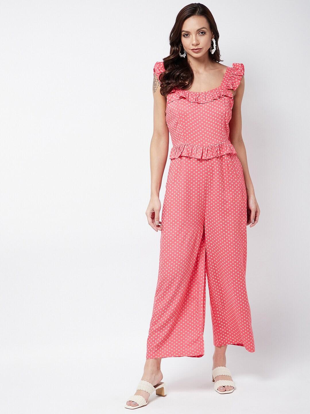 MAGRE Pink & Off White Printed Basic Jumpsuit with Ruffles