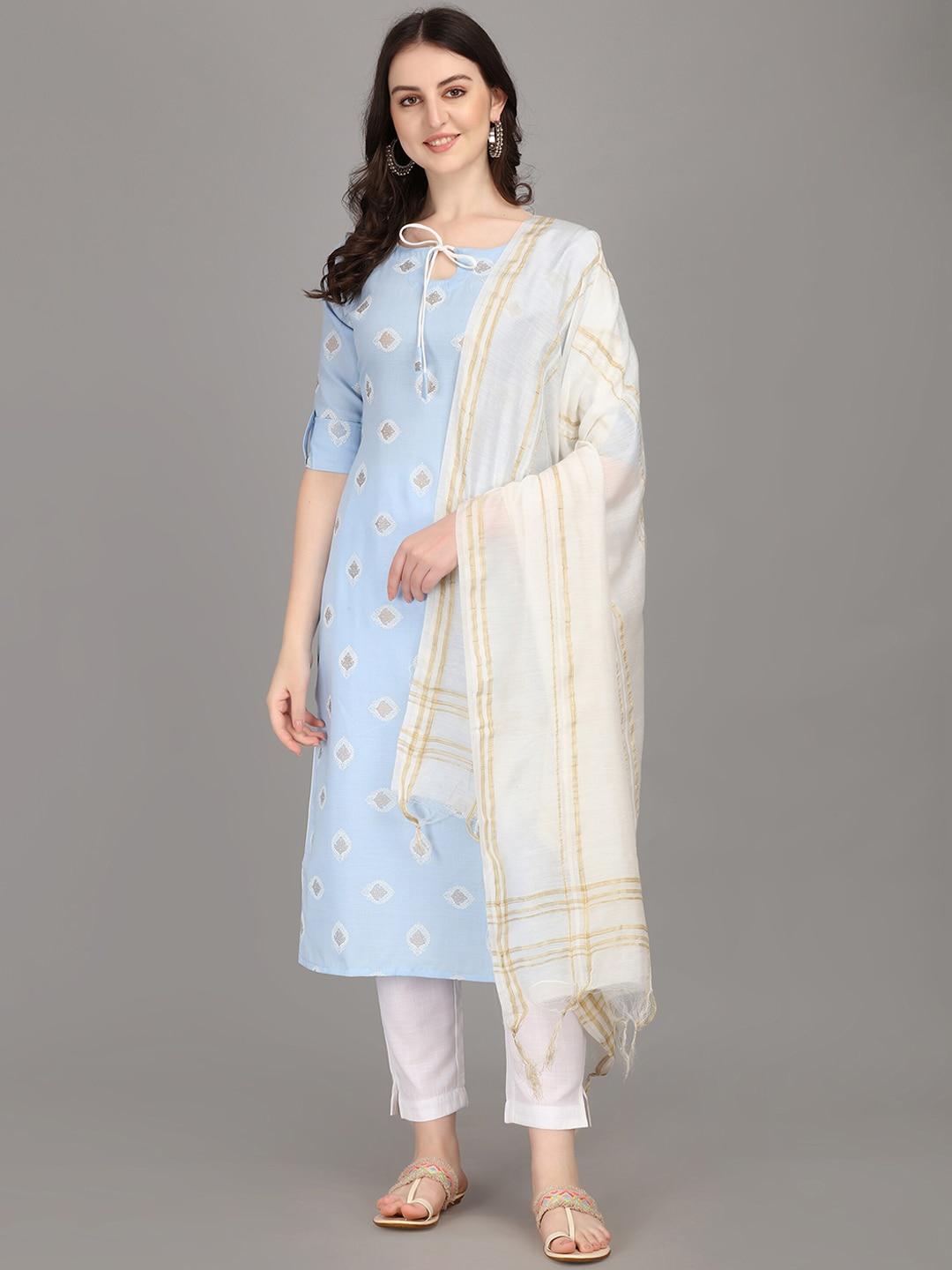 Fashion Booms Women Blue Ethnic Motifs Printed Pure Cotton Kurta with Trousers & With Dupatta