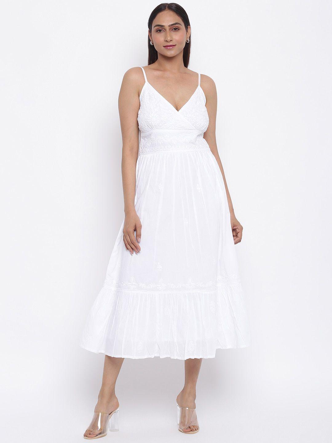 Fabindia White Embroidered Midi Dress