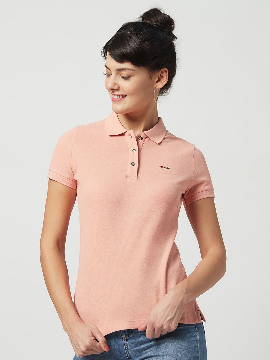 EDRIO Women Peach-Coloured Polo Collar Organic Cotton T-shirt