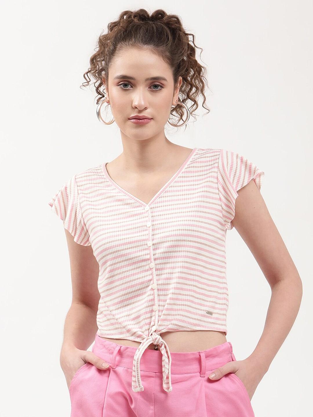 ELLE Pink & Off-White Striped Cotton Shirt Style Crop Top