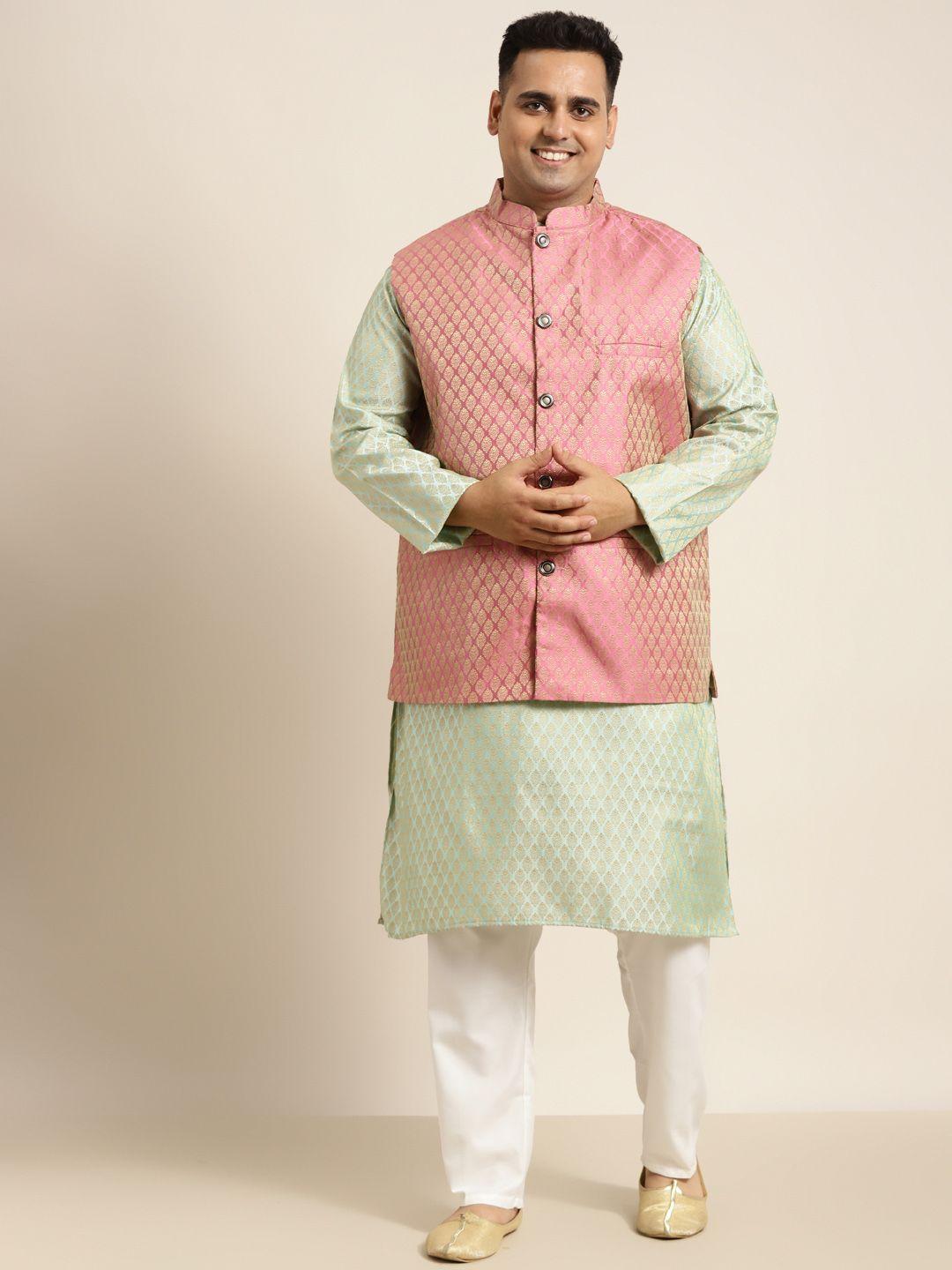sojanya-plus-men-plus-size-green-woven-design-kurta-&-churidar-comes-with-a-nehru-jacket