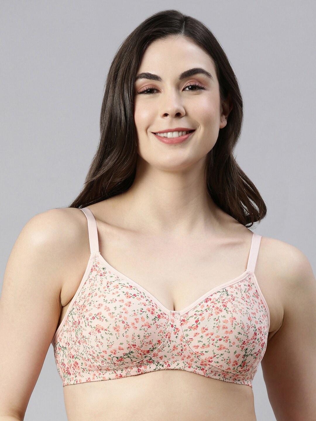 Enamor Peach Floral Non-Wired Non Padded High Coverage Cooling Tshirt Bra A042