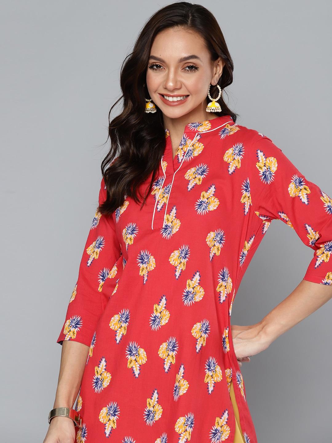 HERE&NOW Red & Blue Ethnic Motifs Printed Pure Cotton Kurti