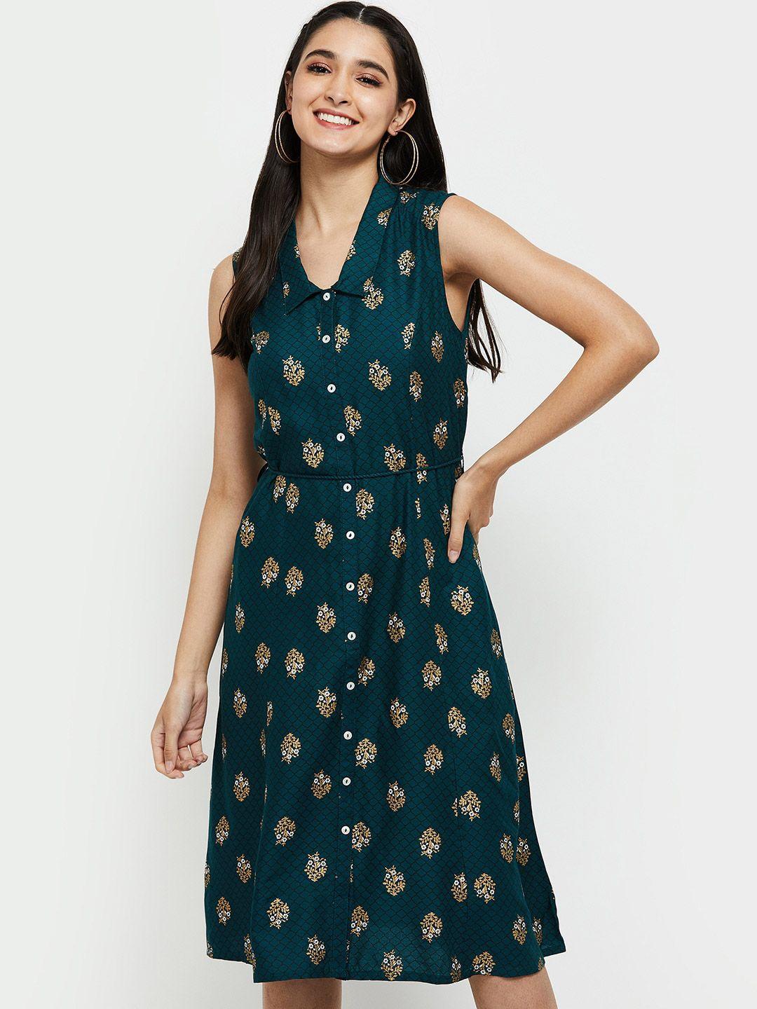 max-teal-green-&-golden-ethnic-motifs-ethnic-a-line-dress
