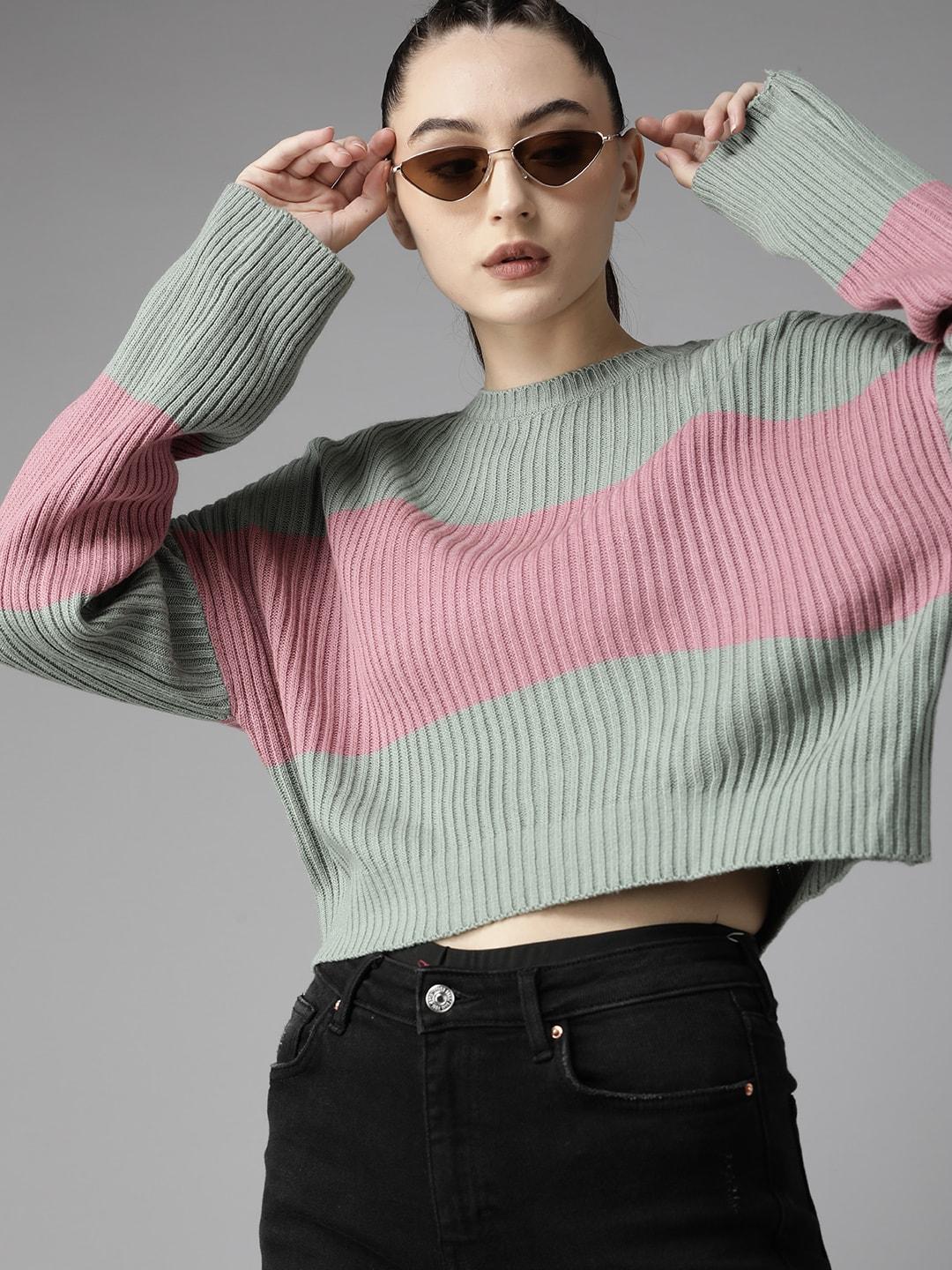roadster-women-green-&-pink-colourblocked-crop-pullover-sweater