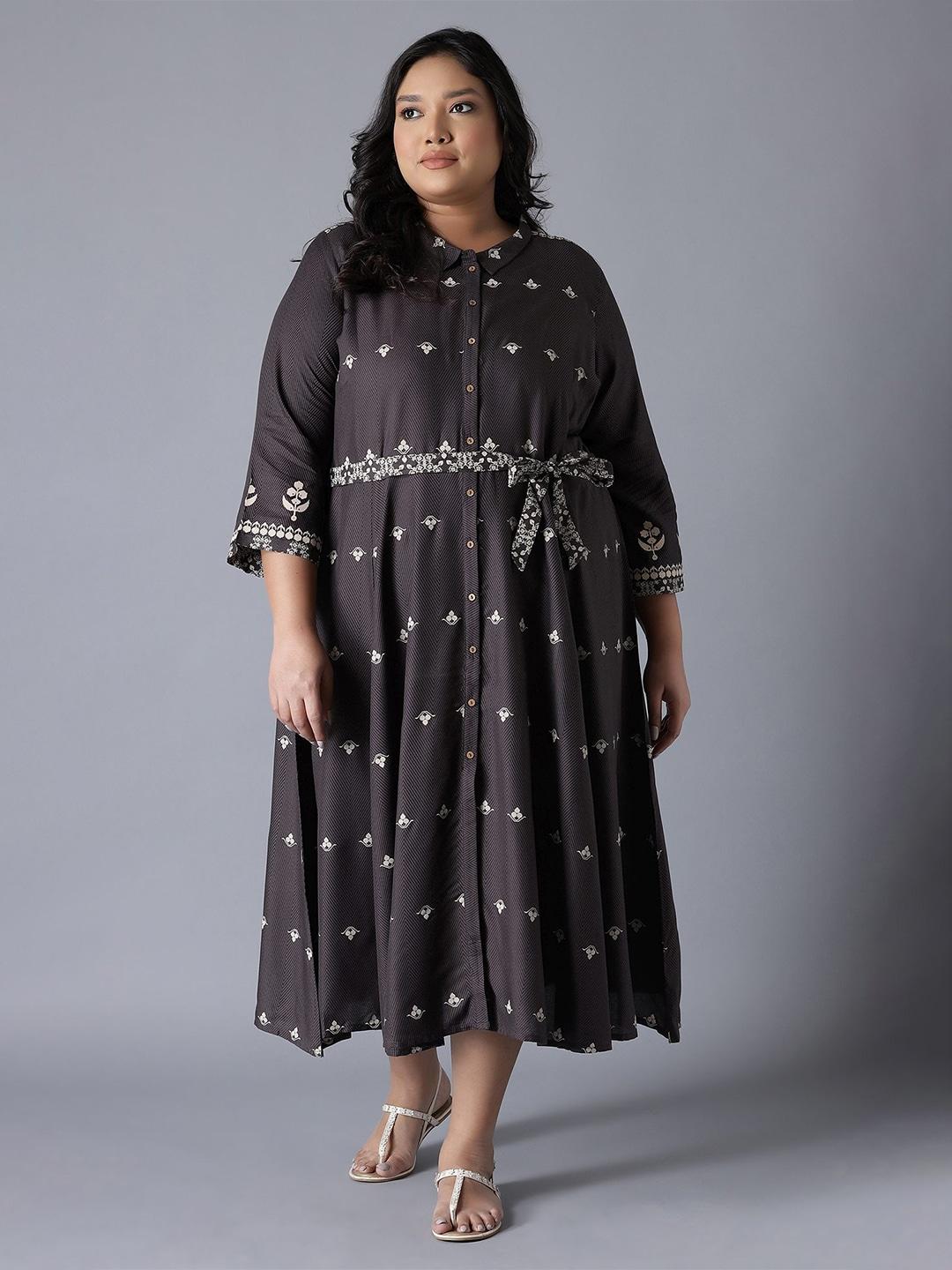 W Women Plus Size Grey Ethnic Motifs Embroidered A-Line Midi Dress