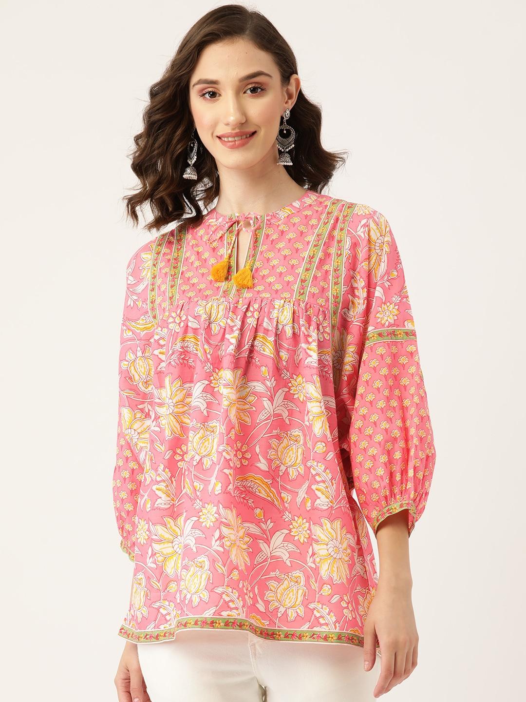 jaipur-morni-pink-&-yellow-floral-print-tie-up-neck-top