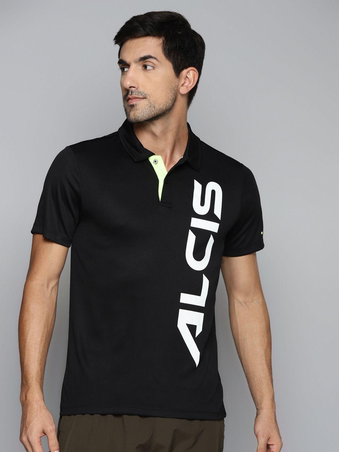 Alcis Men Black & White Brand Logo Printed Polo Collar Slim Fit Running T-shirt