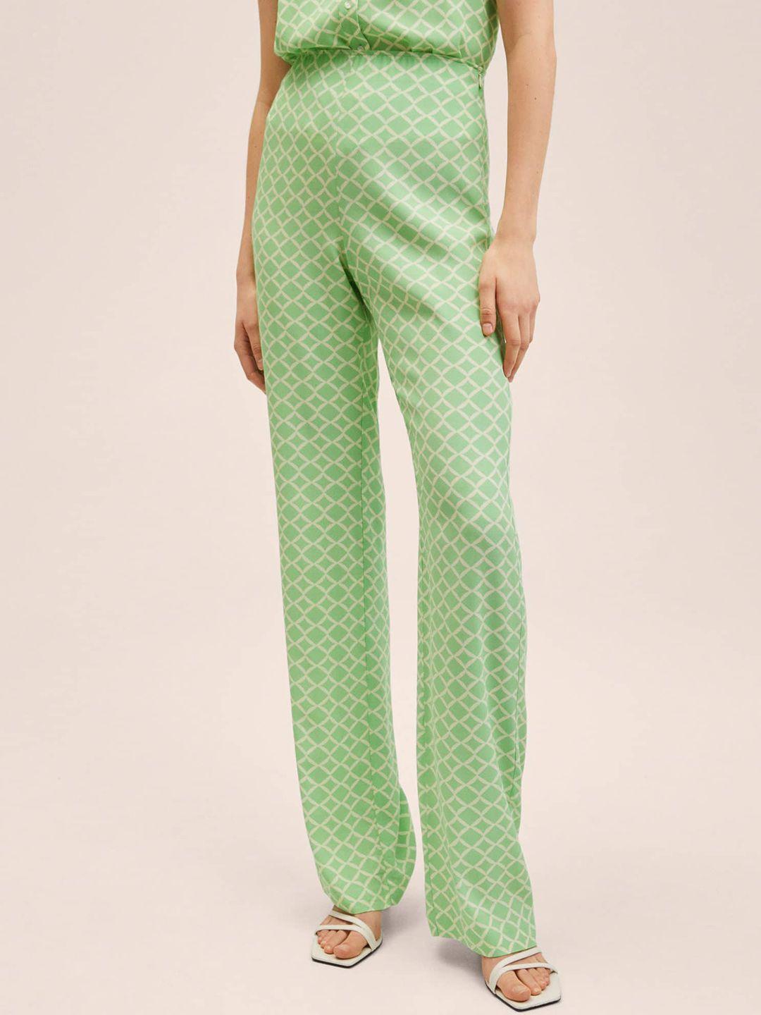 MANGO Women Green & White Geometric Printed High-Rise Trousers