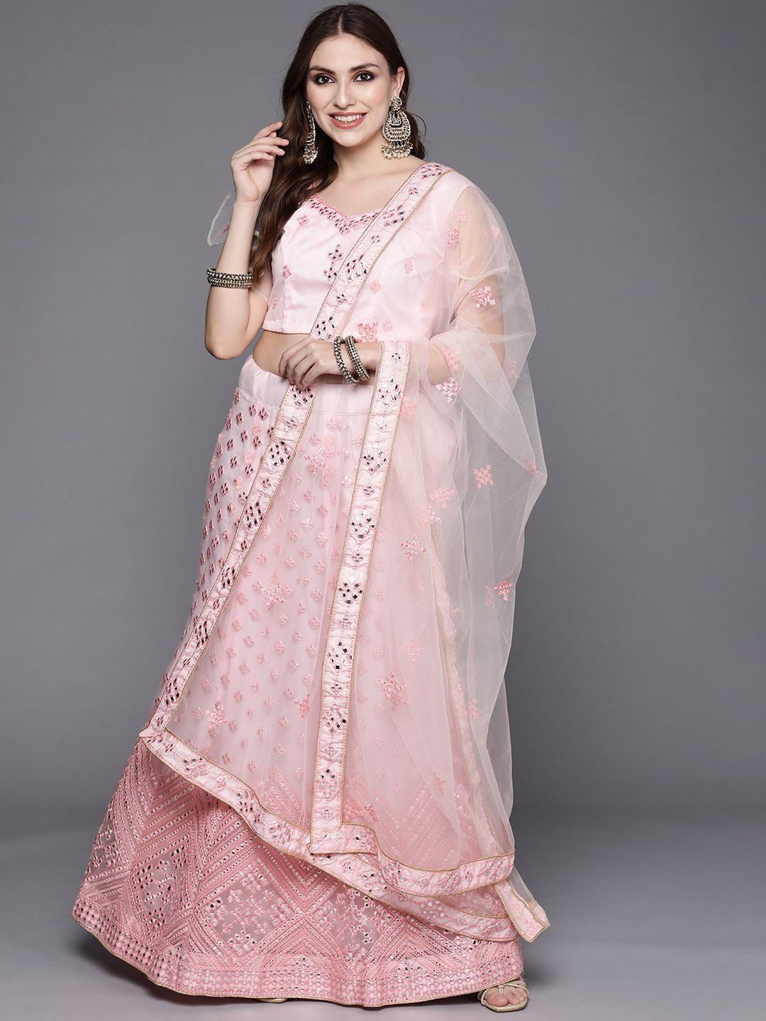 Chhabra 555 Pink Embroidered Mirror Work Semi-Stitched Lehenga & Unstitched Blouse With Dupatta
