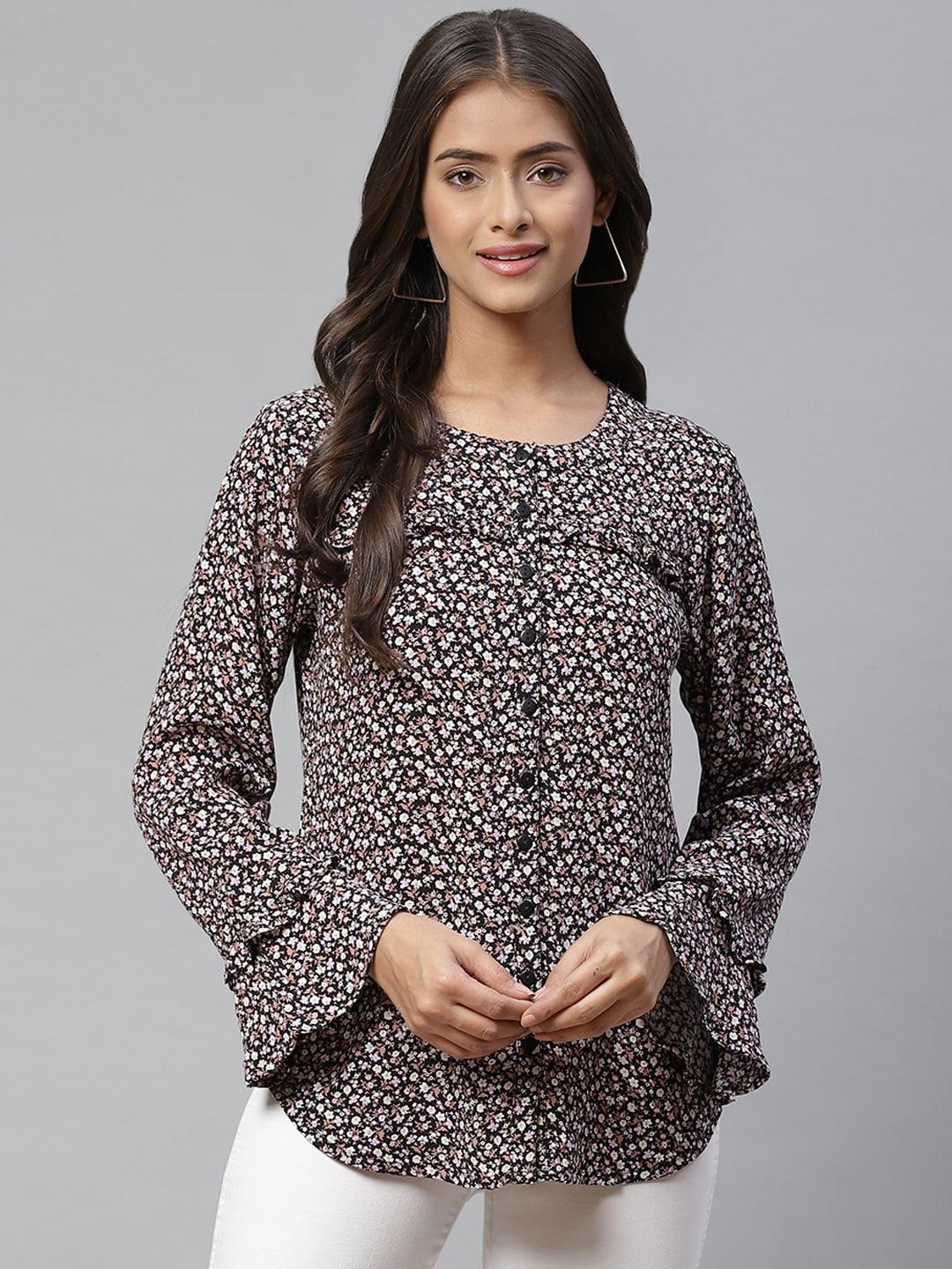 Ayaany Women Black & White Floral Print Shirt Style Top