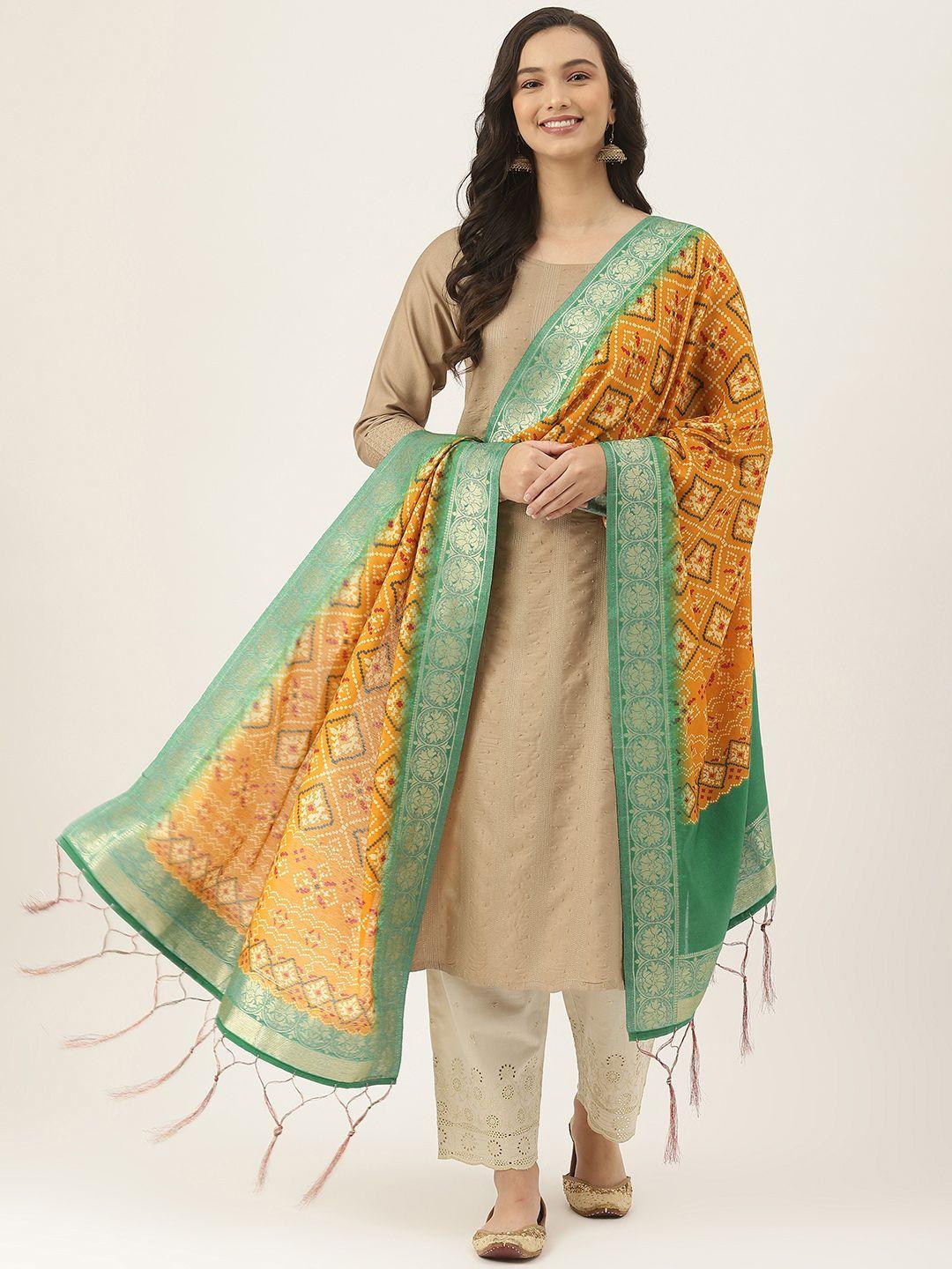 vaaba-mustard-&-sea-green-ethnic-motifs-printed-bandhani-dupatta-with-zari-details