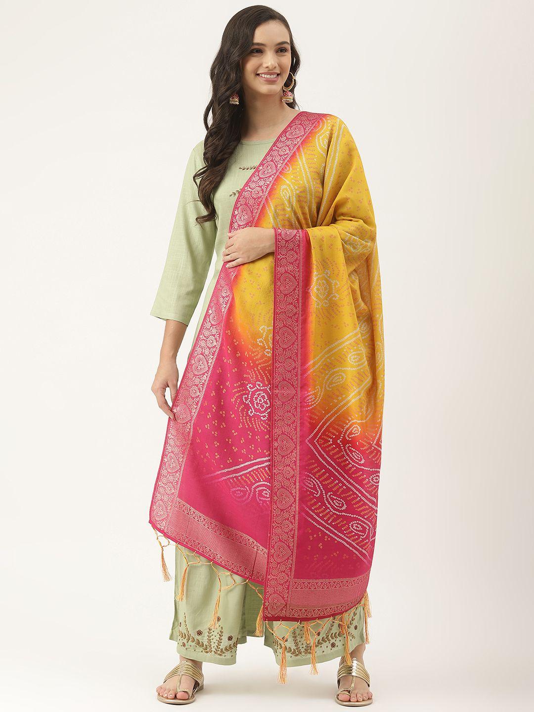 VAABA Multicoloured & Pink Printed Bandhani Dupatta with Zari Details