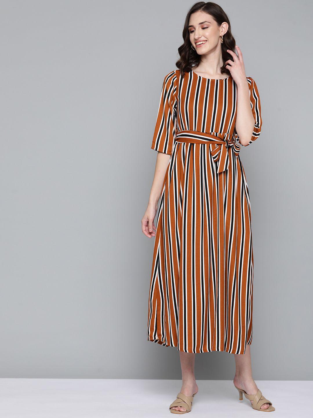 here&now-brown-&-white-striped-georgette-midi-dress