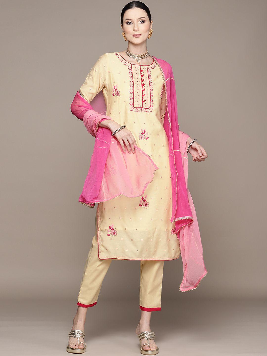 Ishin Women Beige Floral Embroidered Beads and Stones Kurta with Trousers & With Dupatta
