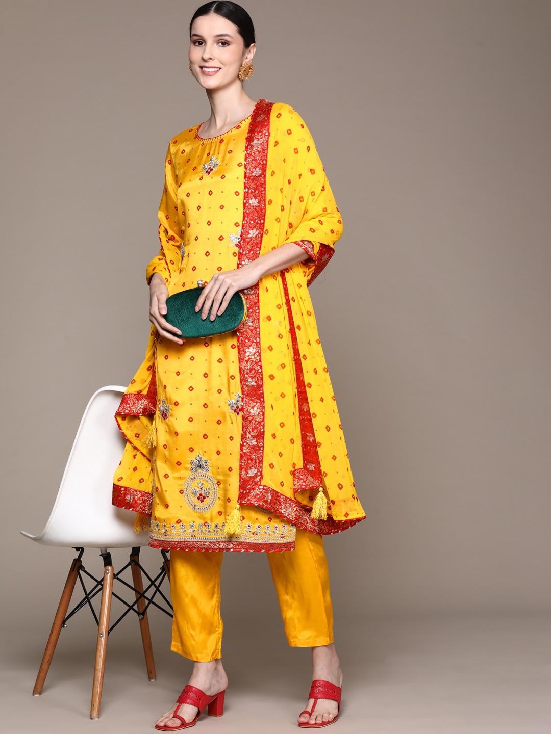 Ishin Women Yellow Printed Kurta with Trousers & With Dupatta
