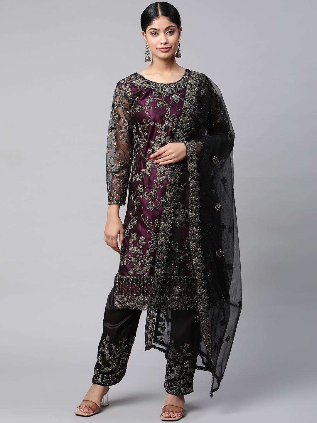 Readiprint Fashions Violet & Gold-Toned Embroidered Semi-Stitched Dress Material