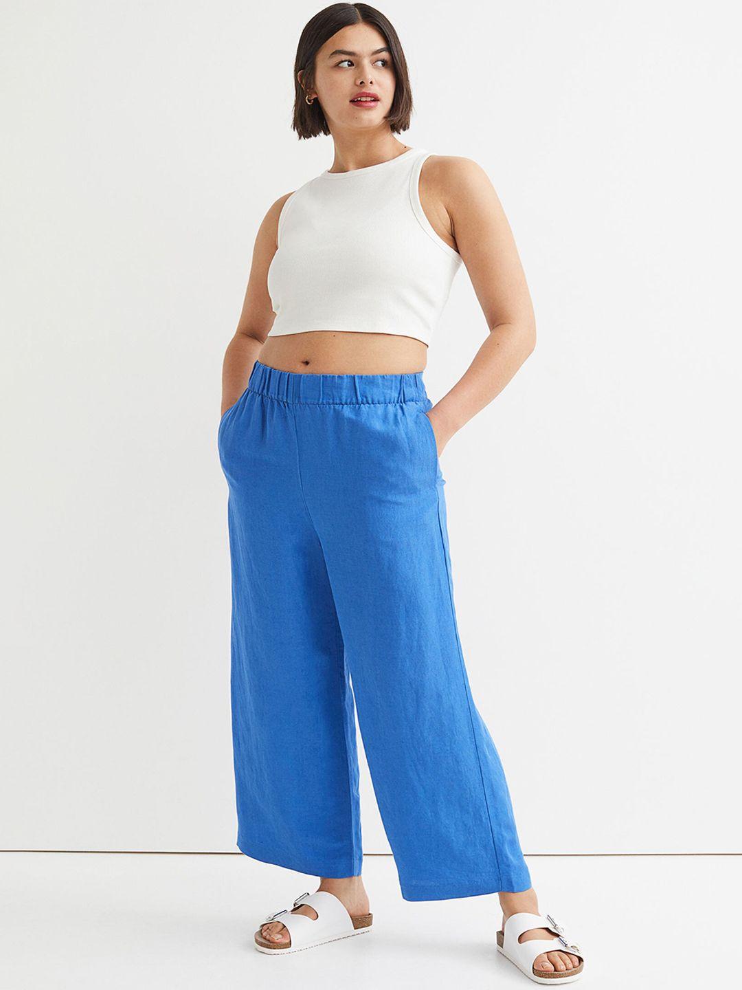 H&M Women Blue Wide Linen-blend Trousers