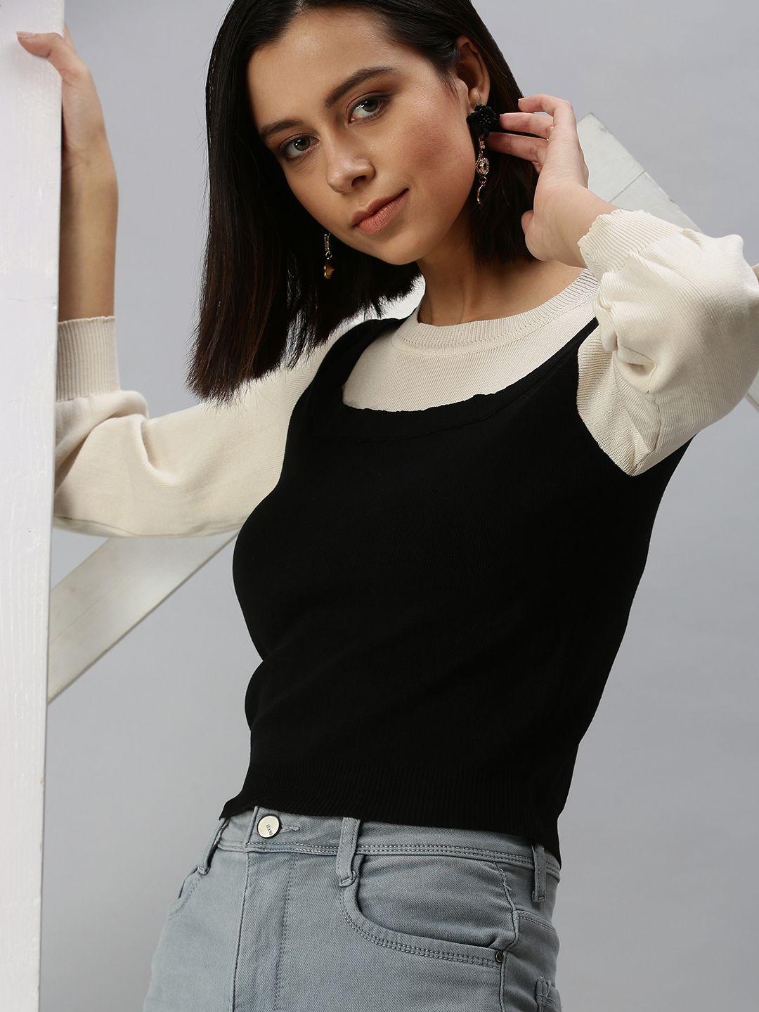 SHOWOFF Black & Cream-Coloured Solid Top