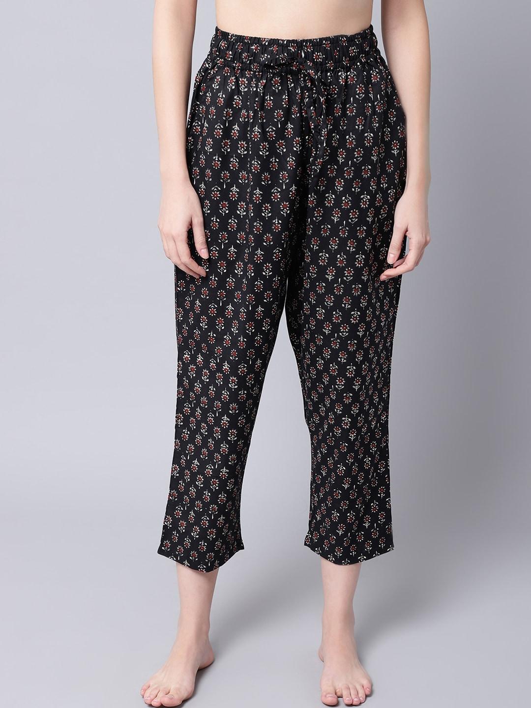 TAG 7 Women Black & Maroon Printed Cotton Comfort-Fit Lounge Pant