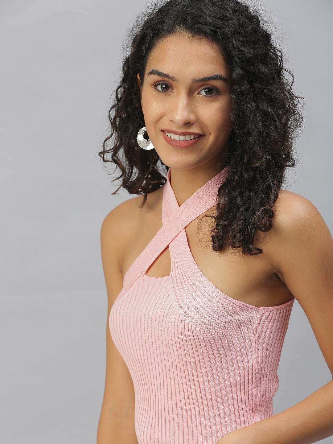 showoff-peach-coloured-halter-neck-twisted-crop-top