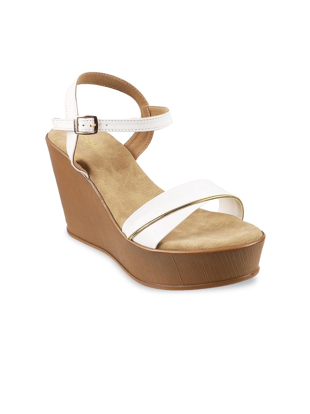 Mochi White Wedge Sandals with Buckles