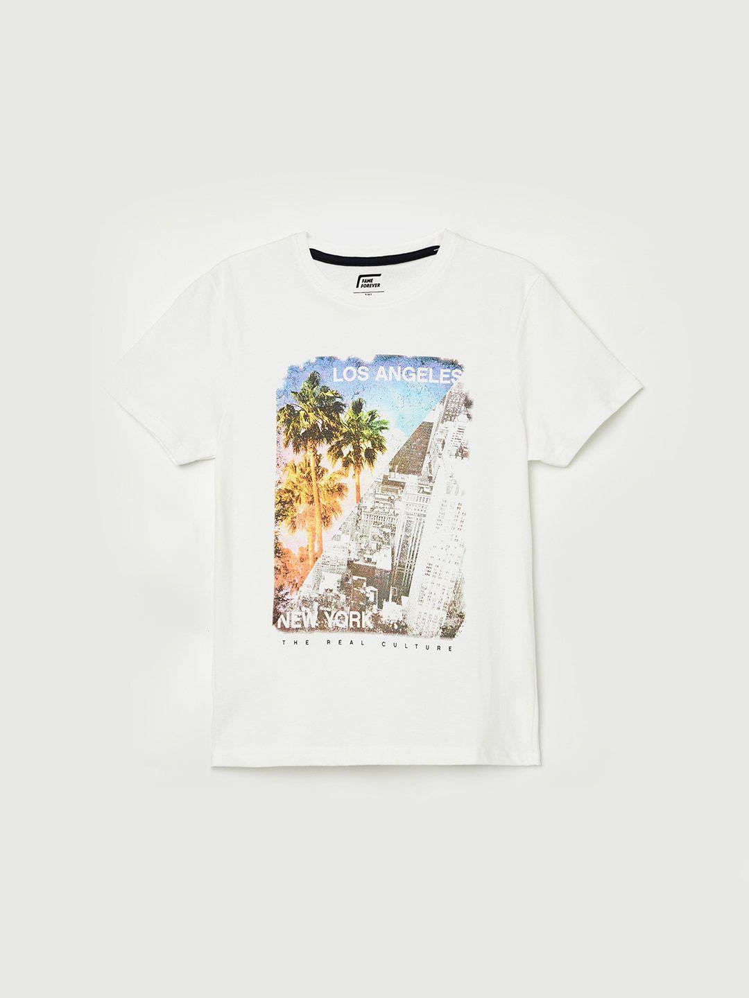 Fame Forever by Lifestyle Boys White Printed Tropical Pure Cotton Applique T-shirt
