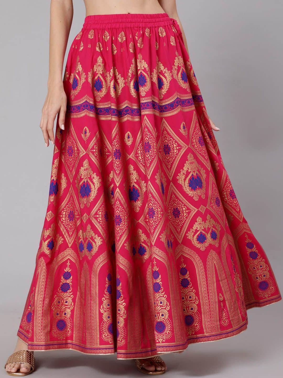 Jaipur Kurti  Women Pink Gold-Coloured Printed Maxi-Length Flared Skirt