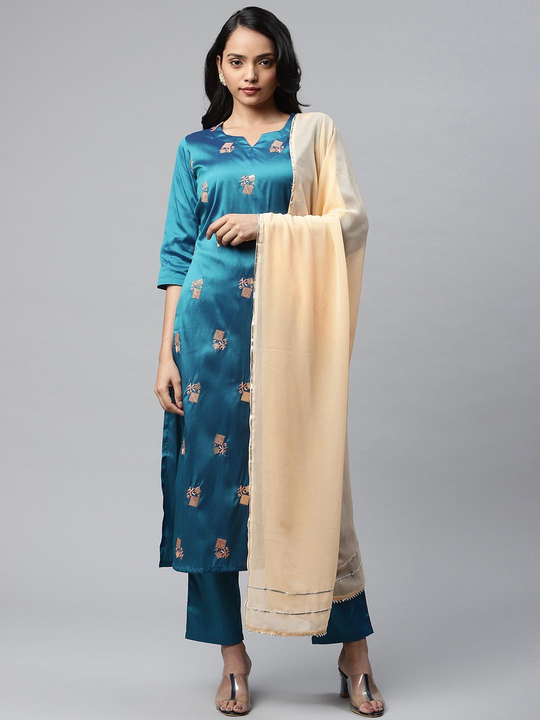 V TRADITION Women Blue Floral Embroidered Kurta with Palazzos & With Dupatta