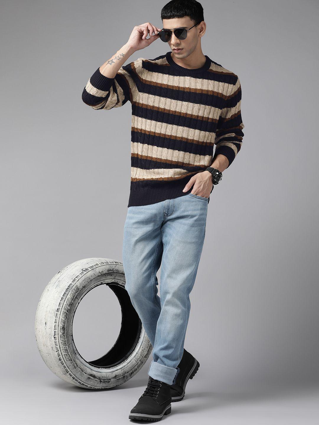 the-roadster-lifestyle-co.-men-navy-blue-&-beige-striped-pullover-sweater