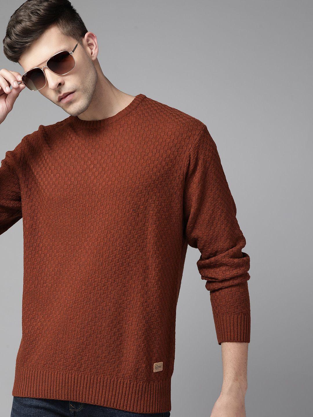 roadster-men-rust-brown-self-checked-pullover