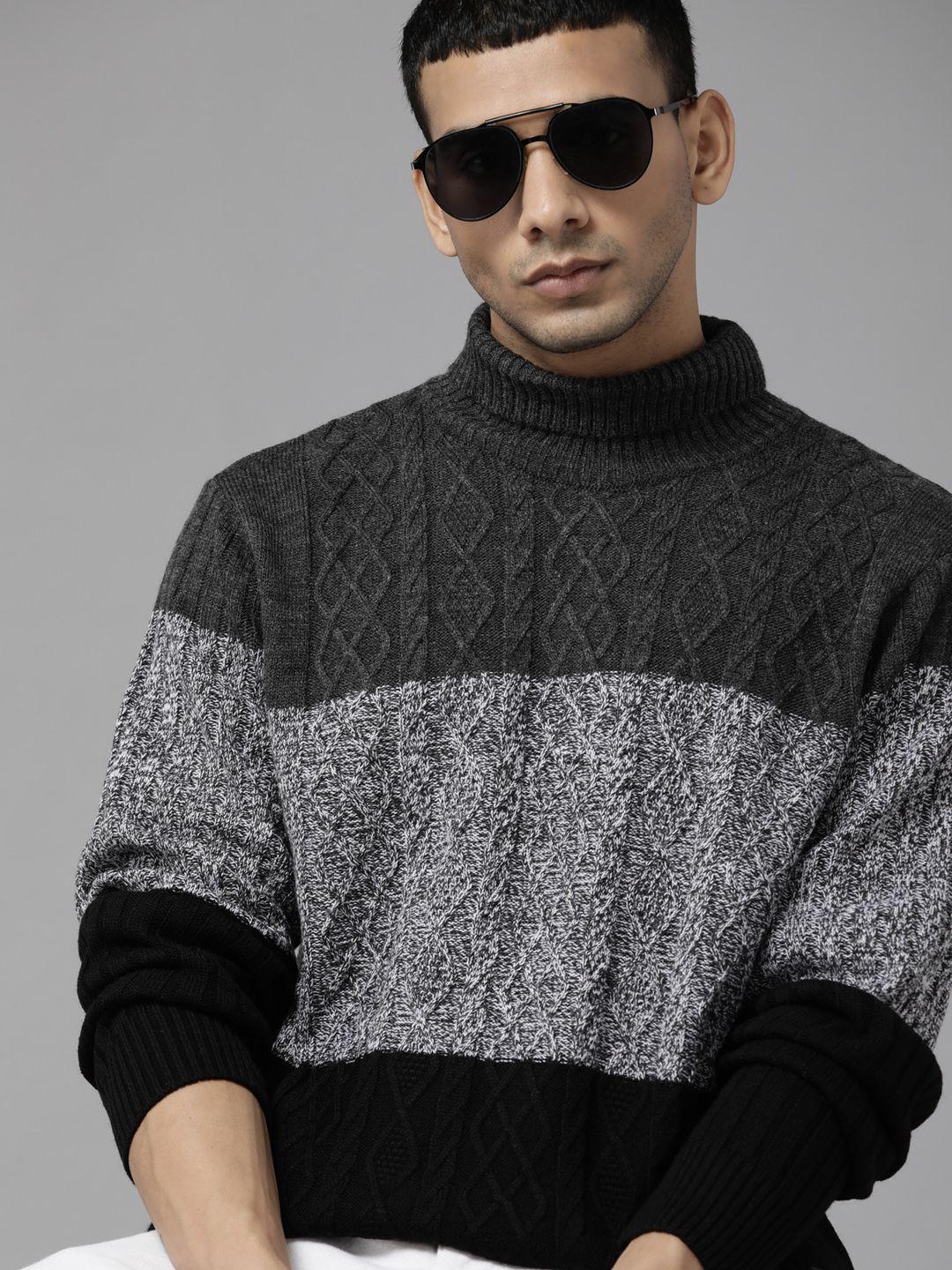 roadster-men-grey-melange-&-black-acrylic-colorblocked-pullover