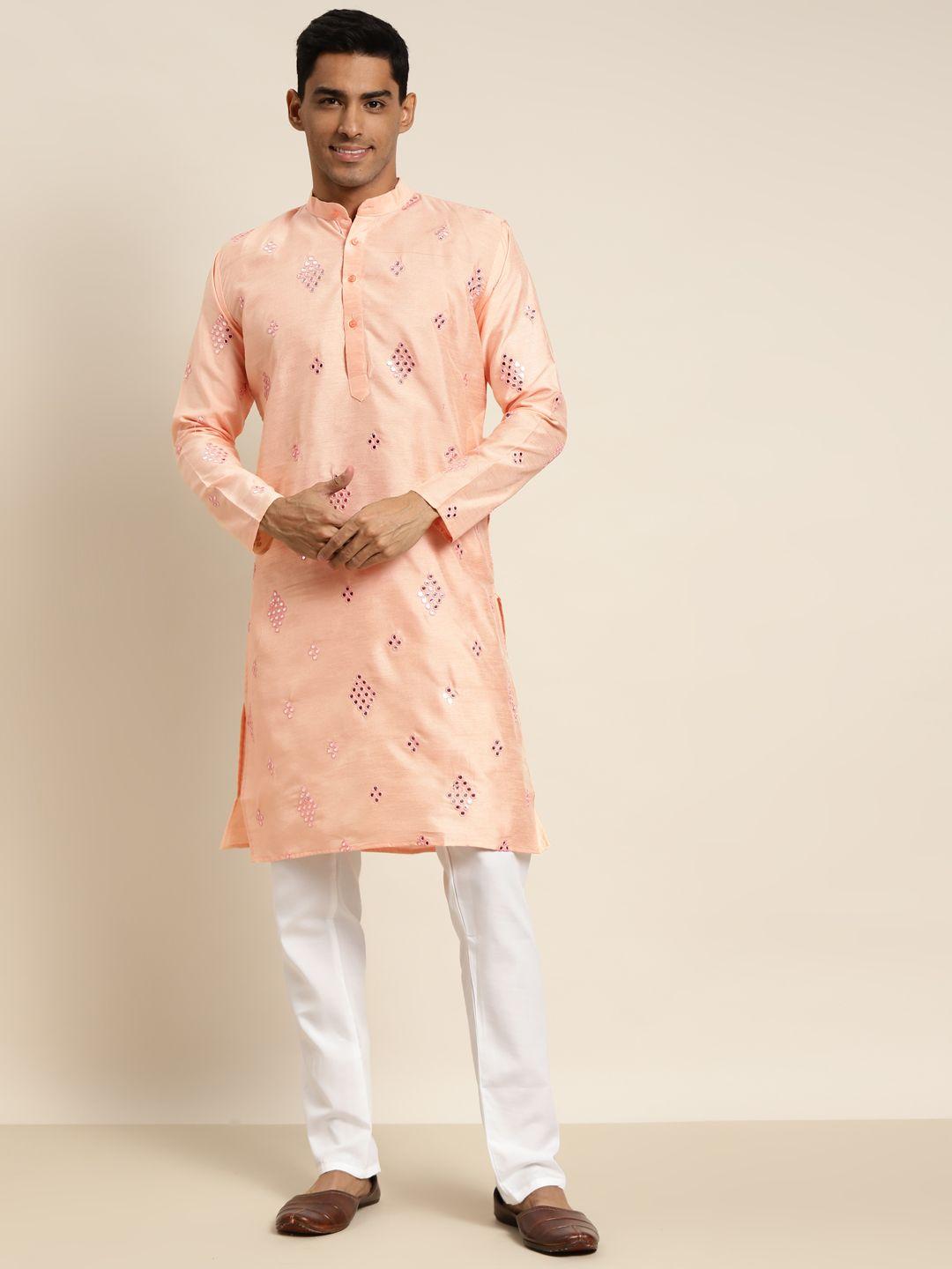 sojanya-men-peach-coloured-embroidered-mirror-work-kurta-with-pyjamas