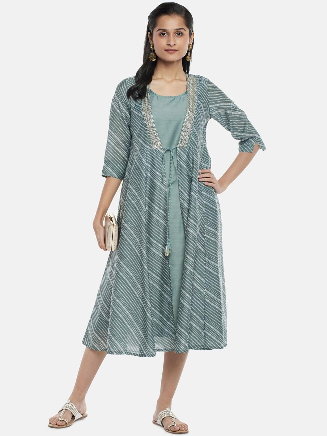 RANGMANCH BY PANTALOONS Green Striped Layered Ethnic A-Line Midi Dress