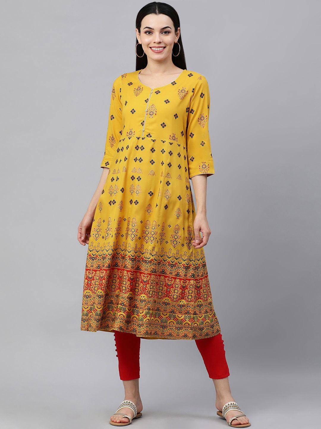 kalini-women-yellow-&-red-ethnic-motifs-printed-a-line-kurta