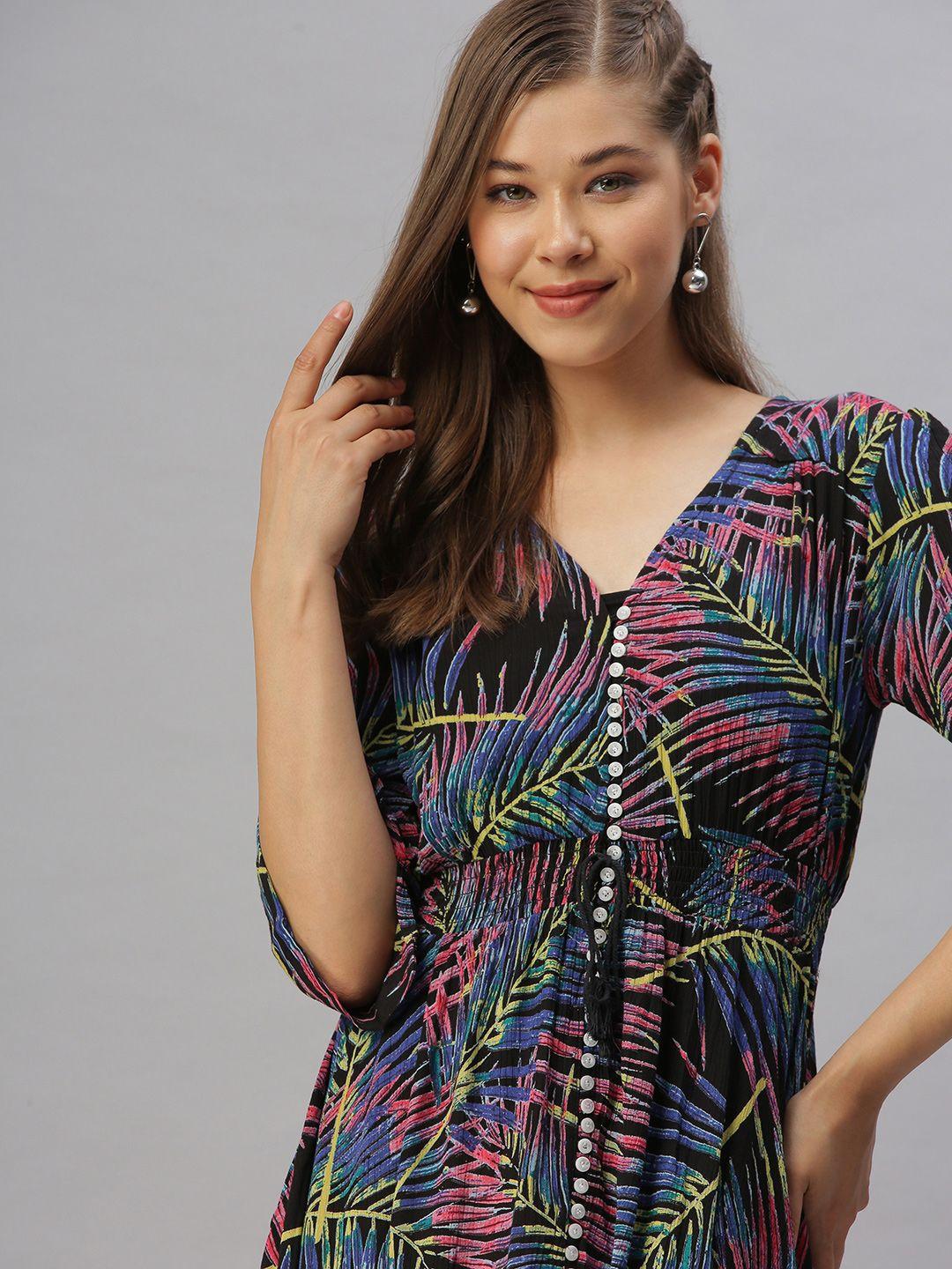 SHOWOFF Women Multicoloured Tropical Fit and Flare Dress