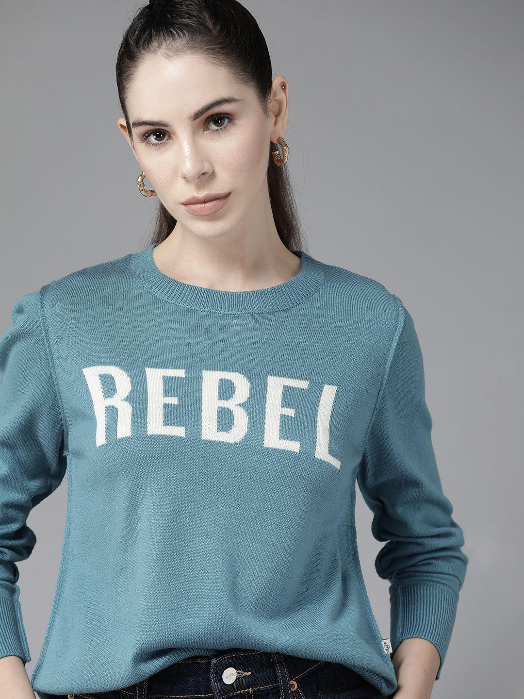 roadster-women-blue-&-off-white-typography-printed-pullover
