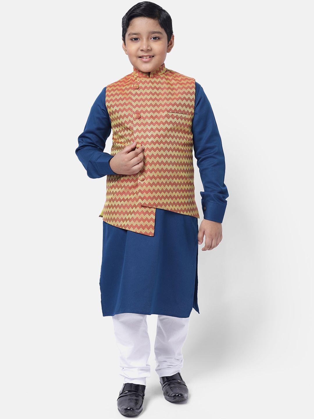 namaskar-boys-navy-blue-pure-cotton-kurta-with-churidar-&-nehru-jacket