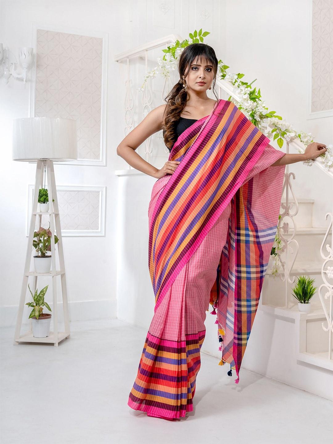 Charukriti Pink & Blue Woven Design Pure Cotton Saree