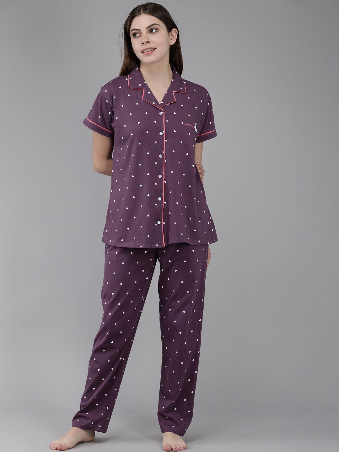Zeyo Women Purple Printed Cotton Night suit