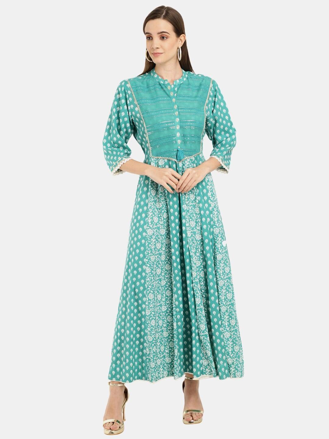 Desi Mix Green Ethnic Motifs Satin Maxi Dress