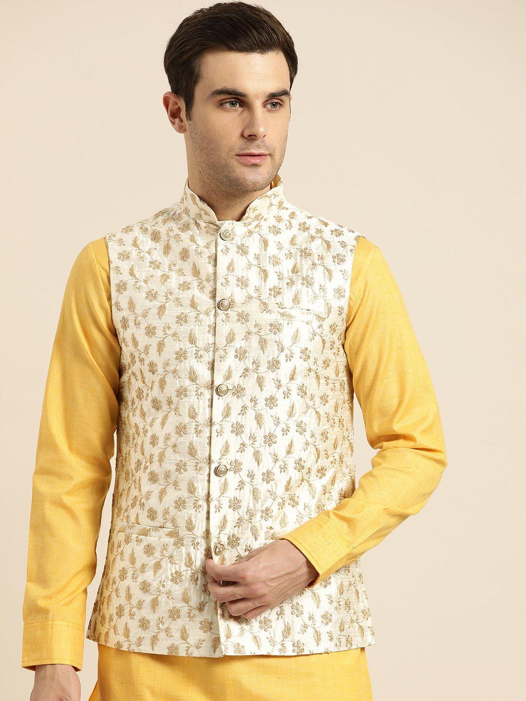 SOJANYA Men Cream-Coloured & Gold-Coloured Woven Design Nehru Jackets